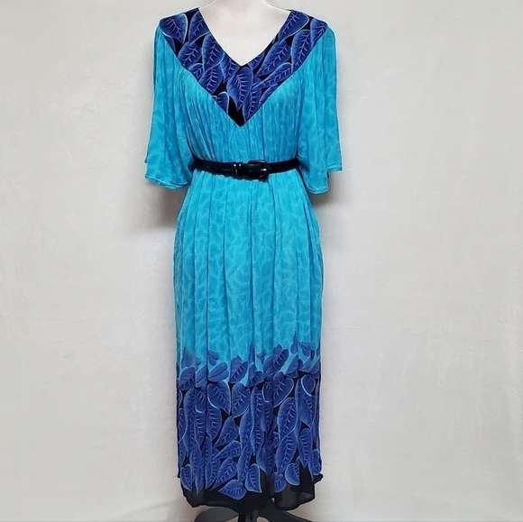VINTAGE Aqua Blue Tropical Palm Leaf Flutter Sleeve Belted Pocket Dress Mumu - Picture 4 of 15